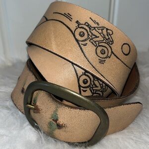 Cowhide light tan leather belt with dirtbike motorbike motorcycles on it size L